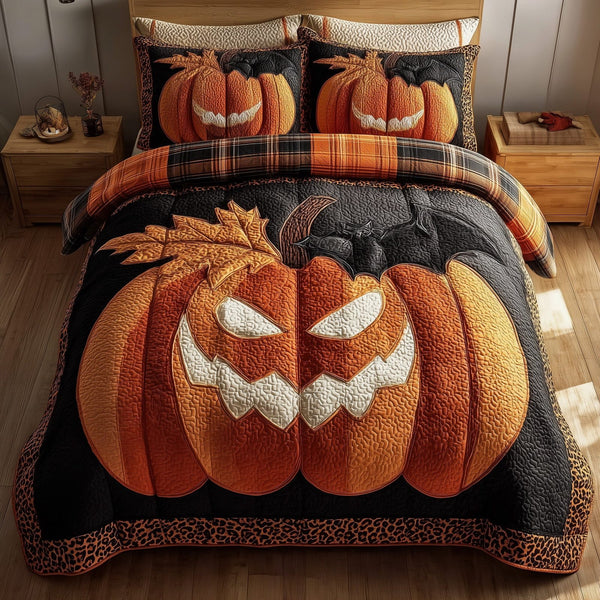 Spooky Pumpkin quilted 3-piece bedding set on a made bed against a dark styled interior