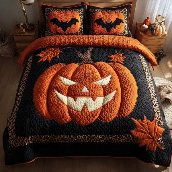 Spooky Pumpkin quilted 3-piece bedding set on a made bed against a dark styled interior