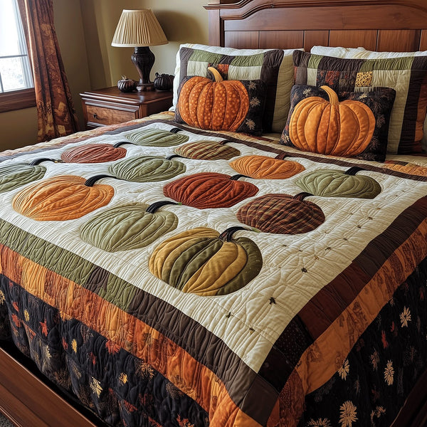 Spooky Pumpkin quilted 3-piece bedding set on a made bed against a dark styled interior