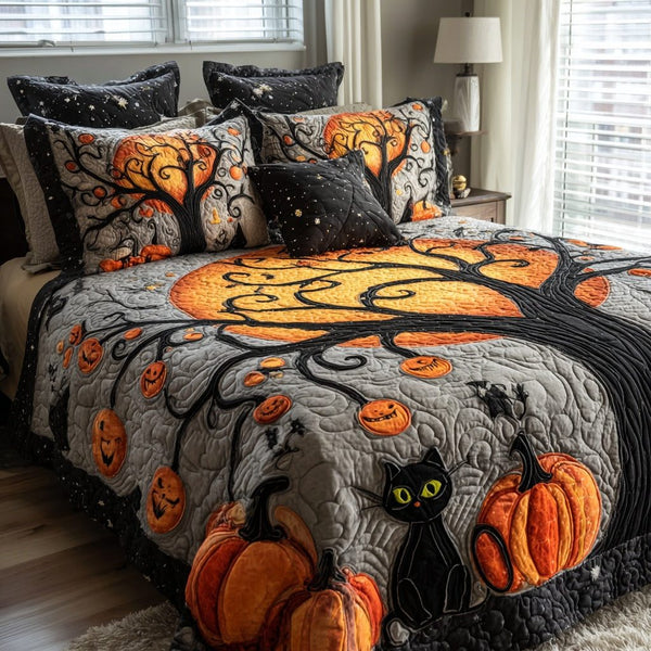 Spooky Pumpkin Tree quilted 3-piece bedding set on a made bed against a dark styled interior