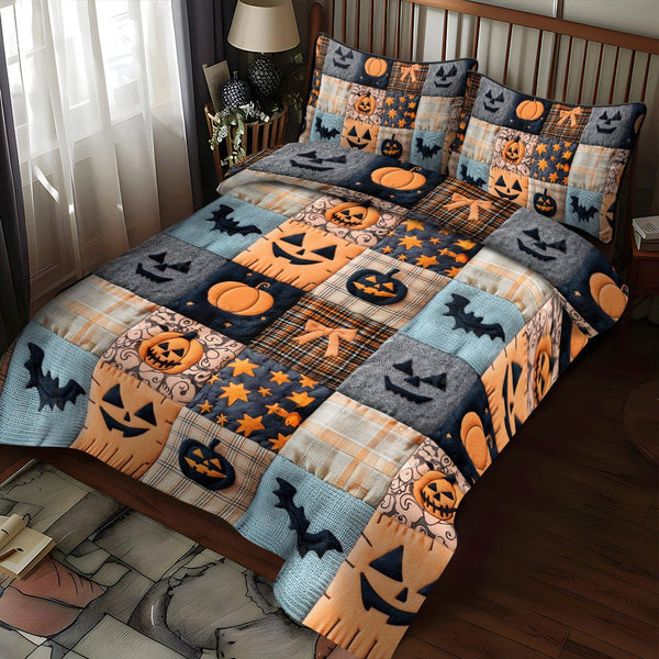 Spooky Season Halloween quilted 3-piece bedding set on a made bed against a dark styled interior