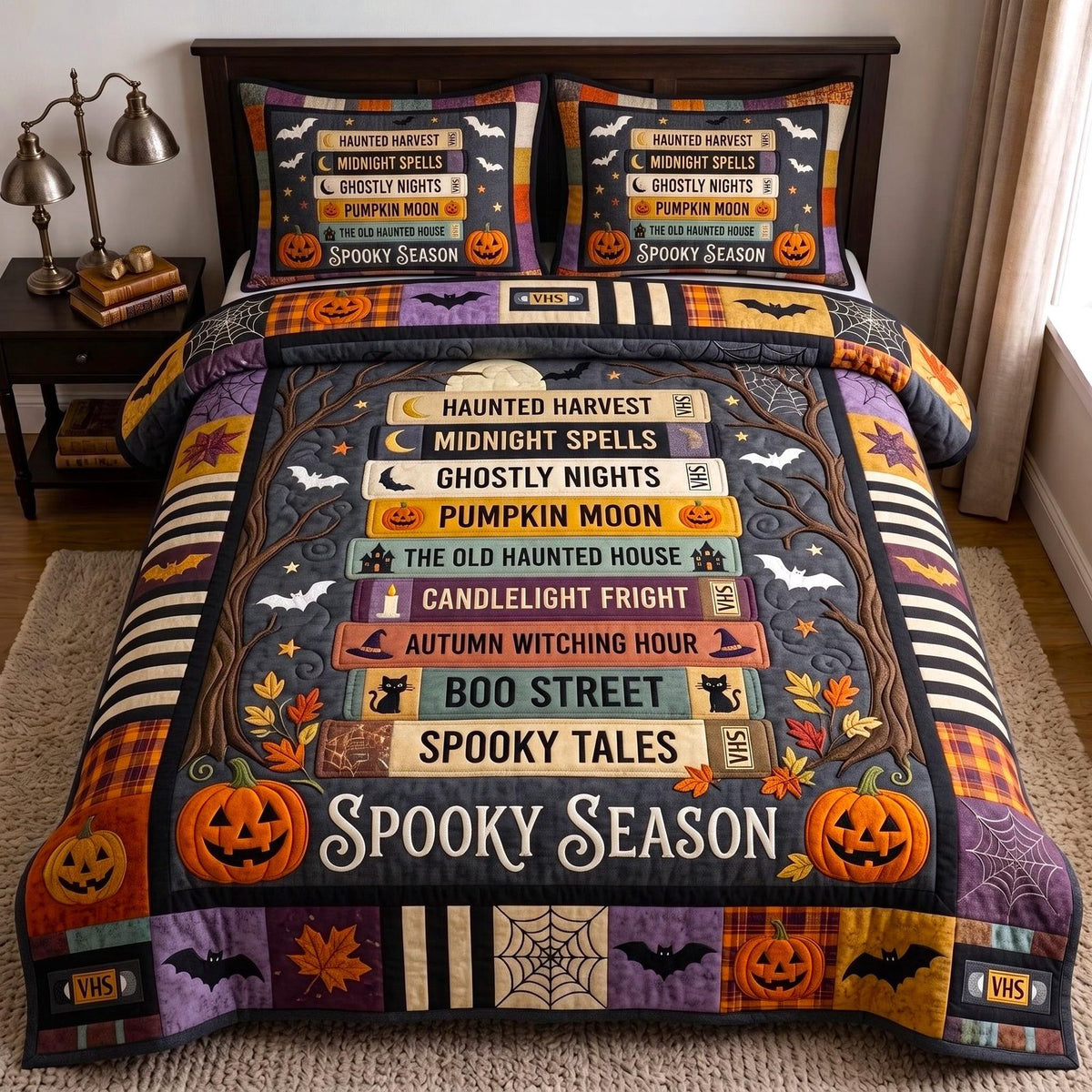 Spooky Season quilted 3-piece bedding set on a made bed against a dark styled interior