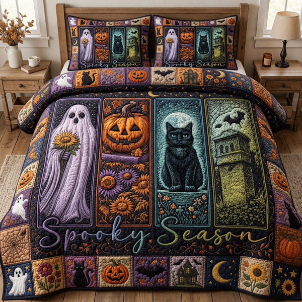 Spooky Season quilted 3-piece bedding set on a made bed against a dark styled interior