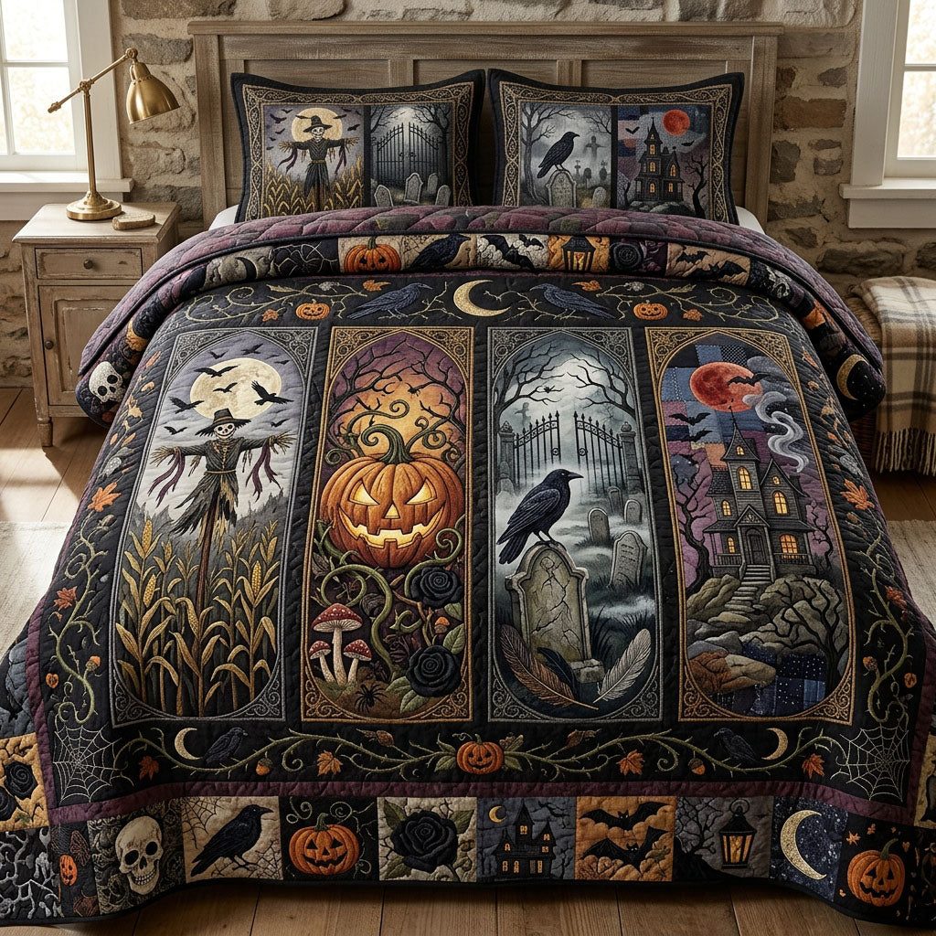 Spooky Season quilted 3-piece bedding set on a made bed against a dark styled interior