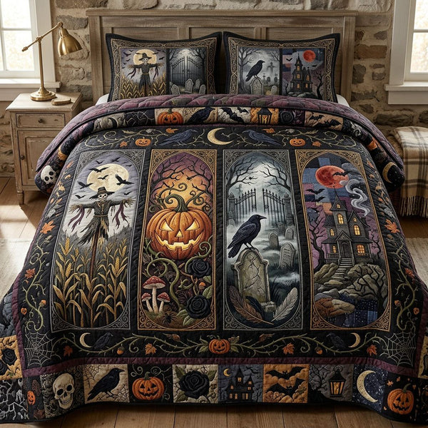 Spooky Season quilted 3-piece bedding set on a made bed against a dark styled interior