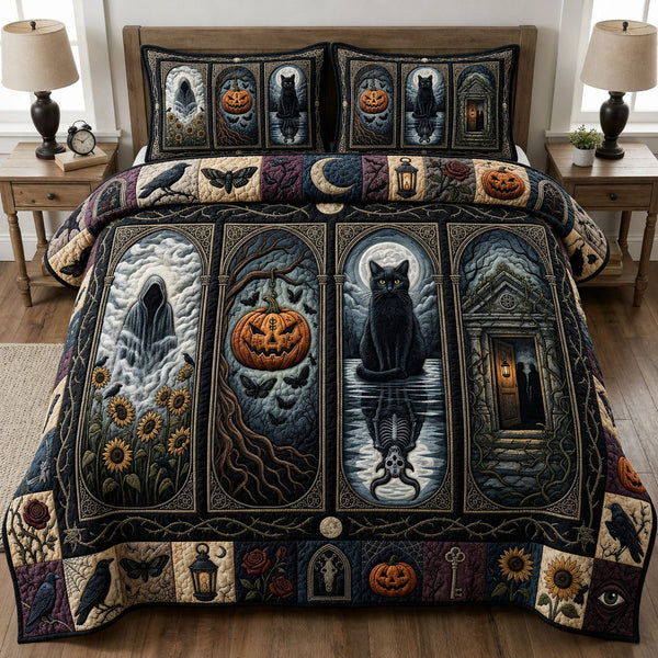 Spooky Season quilted 3-piece bedding set on a made bed against a dark styled interior