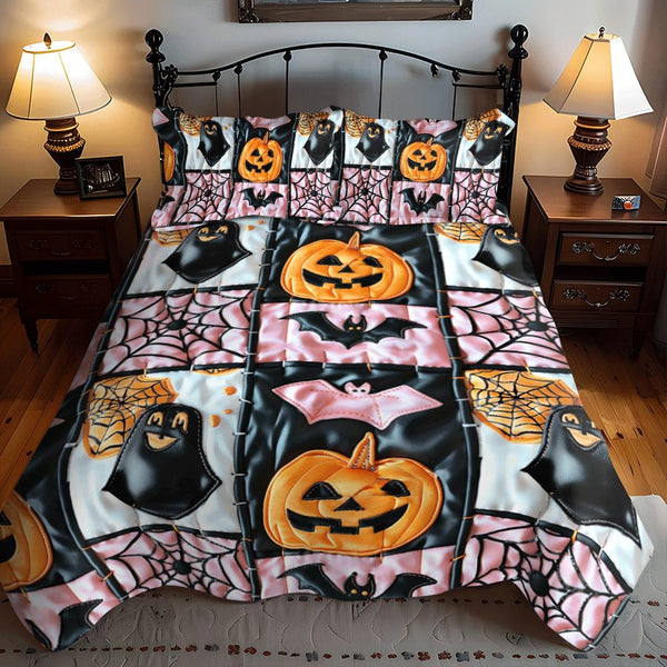 Spooky Skeleton Halloween quilted 3-piece bedding set on a made bed against a dark styled interior