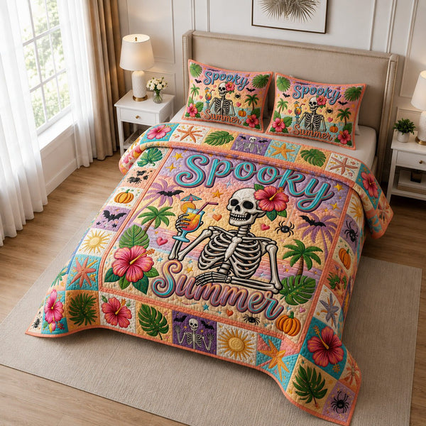 Spooky Summer quilted 3-piece bedding set on a made bed against a dark styled interior