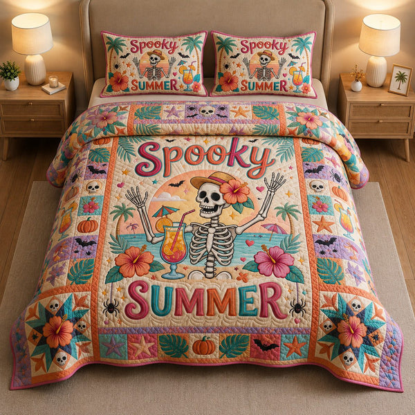 Spooky Summer quilted 3-piece bedding set on a made bed against a dark styled interior
