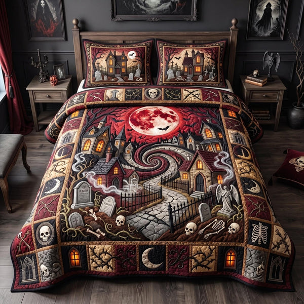 Spooky Village quilted 3-piece bedding set on a made bed against a dark styled interior