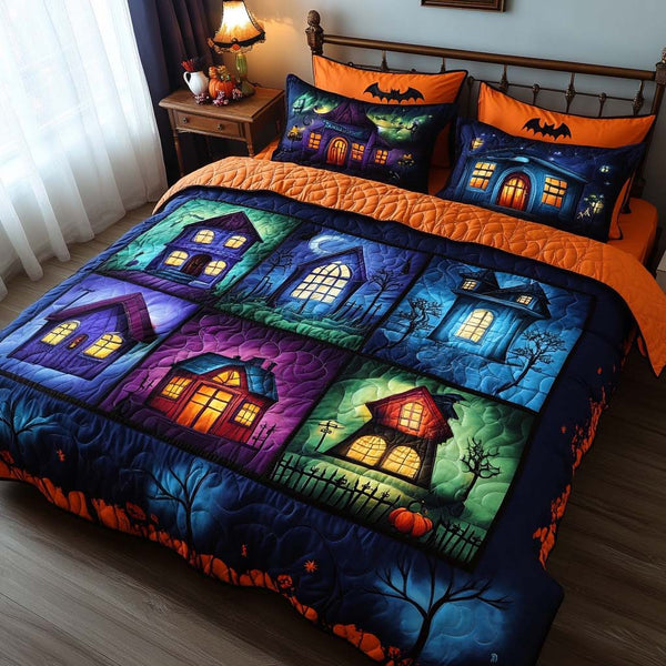 Spooky Village quilted 3-piece bedding set on a made bed against a dark styled interior