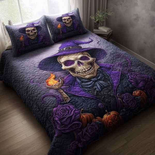 Spooky Witch quilted 3-piece bedding set on a made bed against a dark styled interior