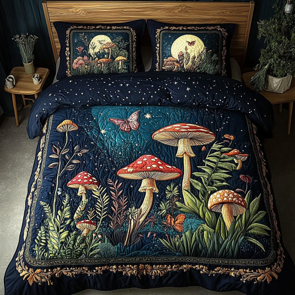 Spore Bloom quilted 3-piece bedding set on a made bed with two matching pillow shams