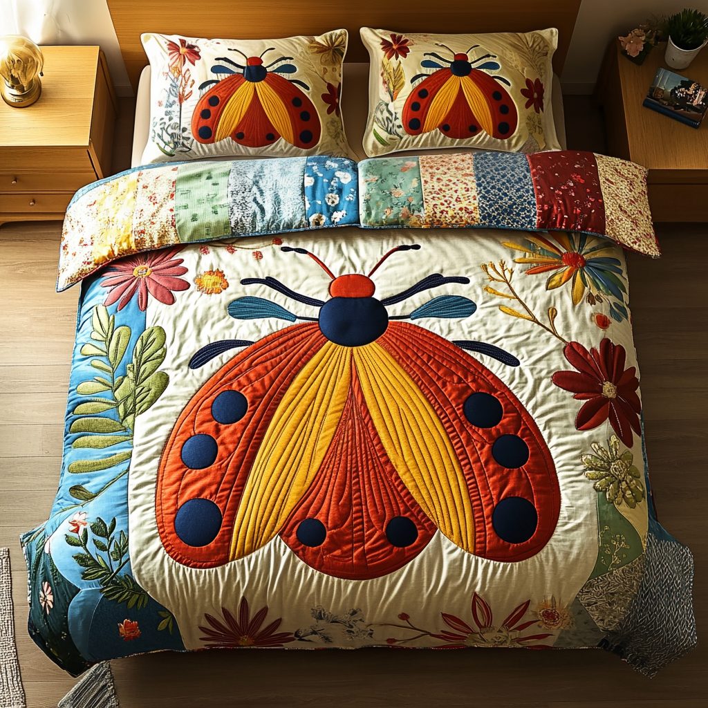 Spotted Delight quilted 3-piece bedding set on a made bed with two matching pillow shams