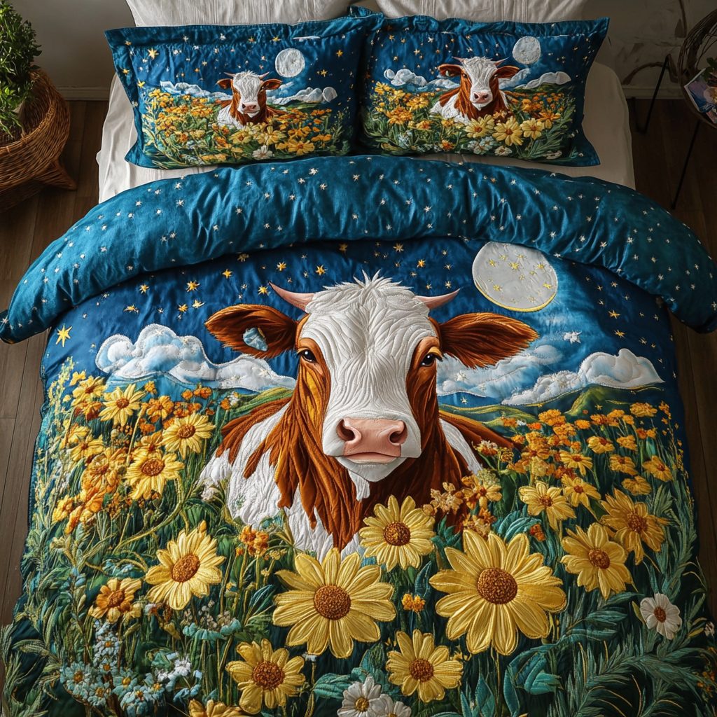 Spotted Grace quilted 3-piece bedding set on a made bed with two matching pillow shams