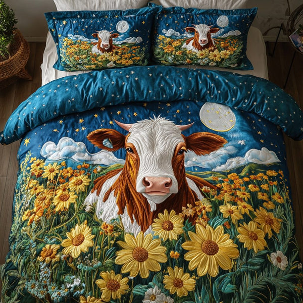 Spotted Grace quilted 3-piece bedding set on a made bed with two matching pillow shams