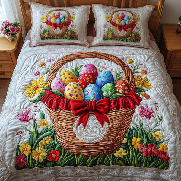 Spring Basket Bliss quilted 3-piece bedding set on a made bed with two matching pillow shams