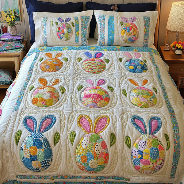 Spring Bloom Eggs quilted 3-piece bedding set on a made bed with two matching pillow shams