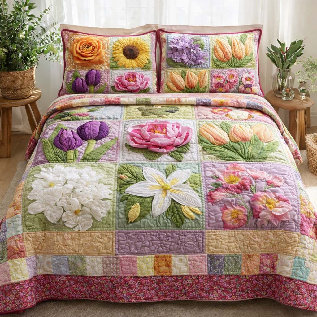 Spring Bloom quilted 3-piece bedding set on a made bed with two matching pillow shams