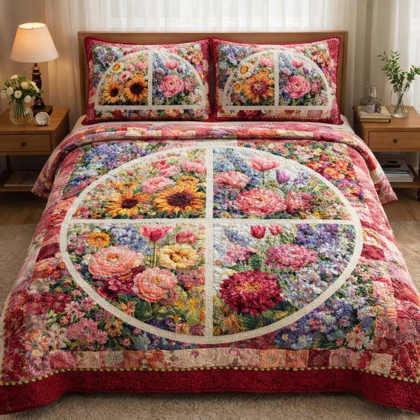 Spring Bloom quilted 3-piece bedding set on a made bed with two matching pillow shams