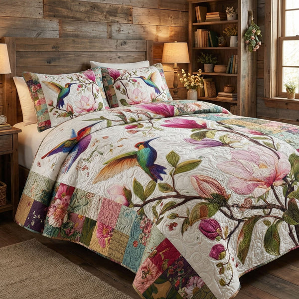 Spring Blossom Haven quilted 3-piece bedding set on a made bed with two matching pillow shams