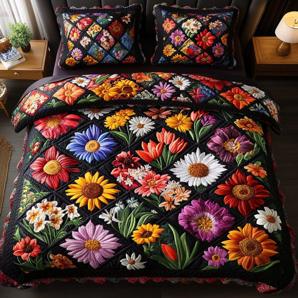 Spring Blossom quilted 3-piece bedding set on a made bed with two matching pillow shams