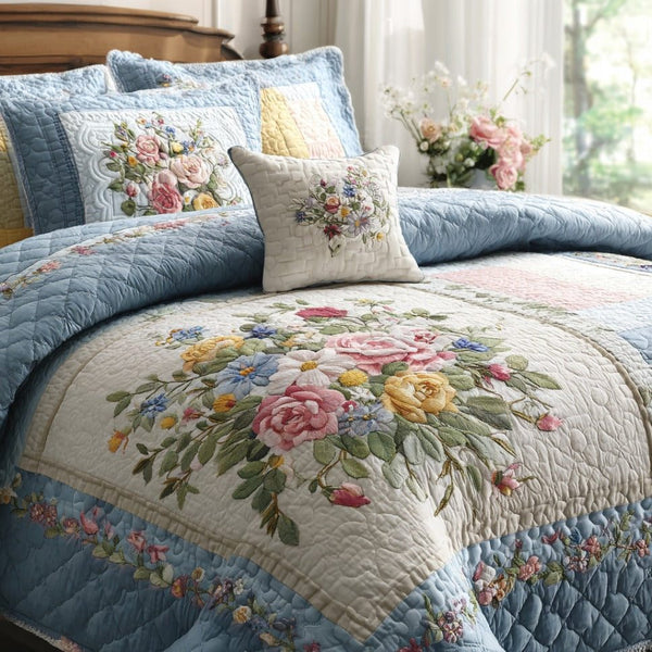Spring Blossom quilted 3-piece bedding set on a made bed with two matching pillow shams