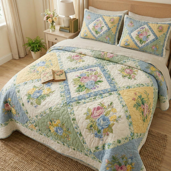 Spring Blossom quilted 3-piece bedding set on a made bed with two matching pillow shams
