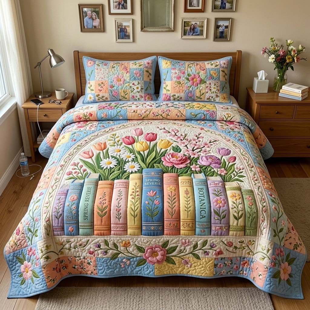 Spring Books quilted 3-piece bedding set on a made bed with two matching pillow shams