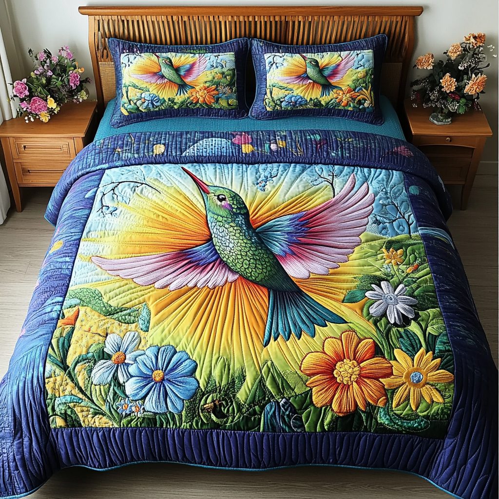 Spring Breeze quilted 3-piece bedding set on a made bed with two matching pillow shams