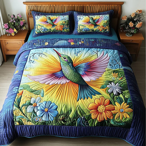 Spring Breeze quilted 3-piece bedding set on a made bed with two matching pillow shams