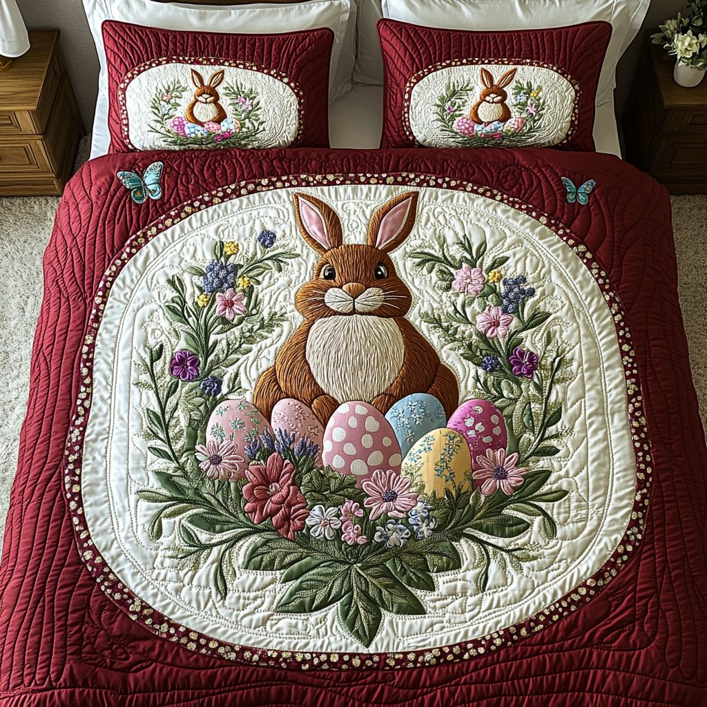 Spring Bunny quilted 3-piece bedding set on a made bed with two matching pillow shams