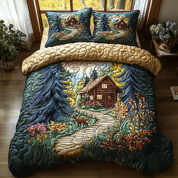 Spring Cabin quilted 3-piece bedding set on a made bed with two matching pillow shams