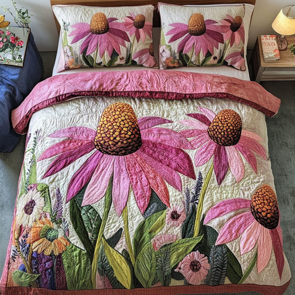 Spring Charm quilted 3-piece bedding set on a made bed with two matching pillow shams