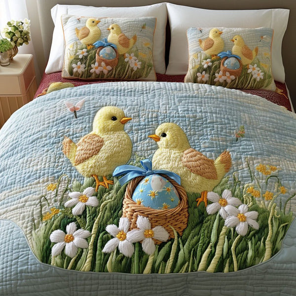 Spring Chicks quilted 3-piece bedding set on a made bed with two matching pillow shams
