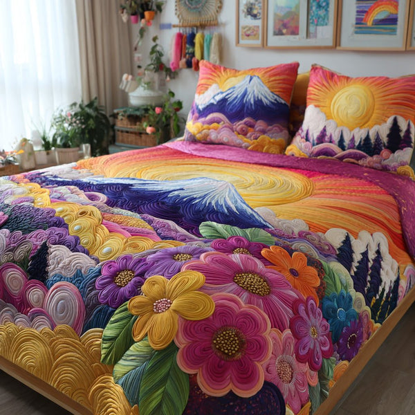 Spring Cottage quilted 3-piece bedding set on a made bed in a farmhouse bedroom