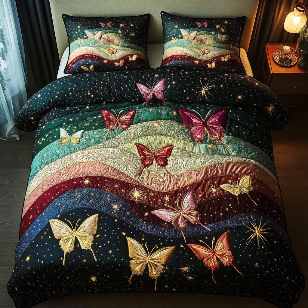 Spring Elegance quilted 3-piece bedding set on a made bed with two matching pillow shams