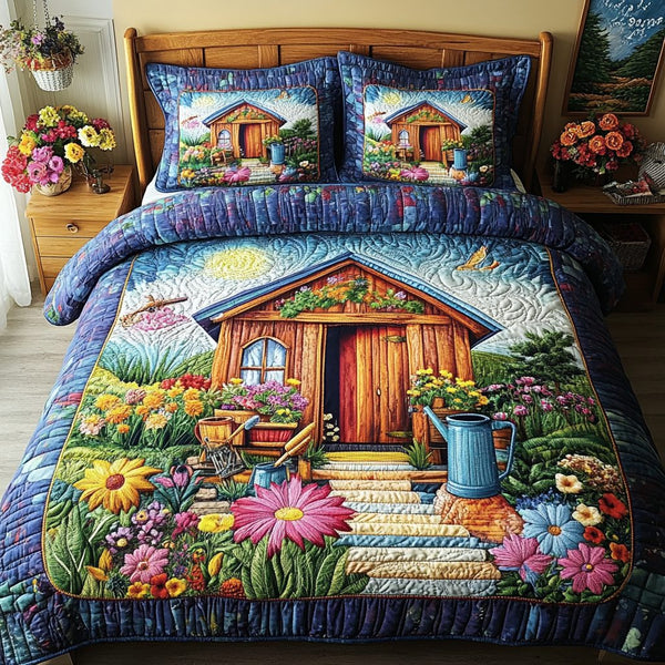Spring Escape quilted 3-piece bedding set on a made bed with two matching pillow shams