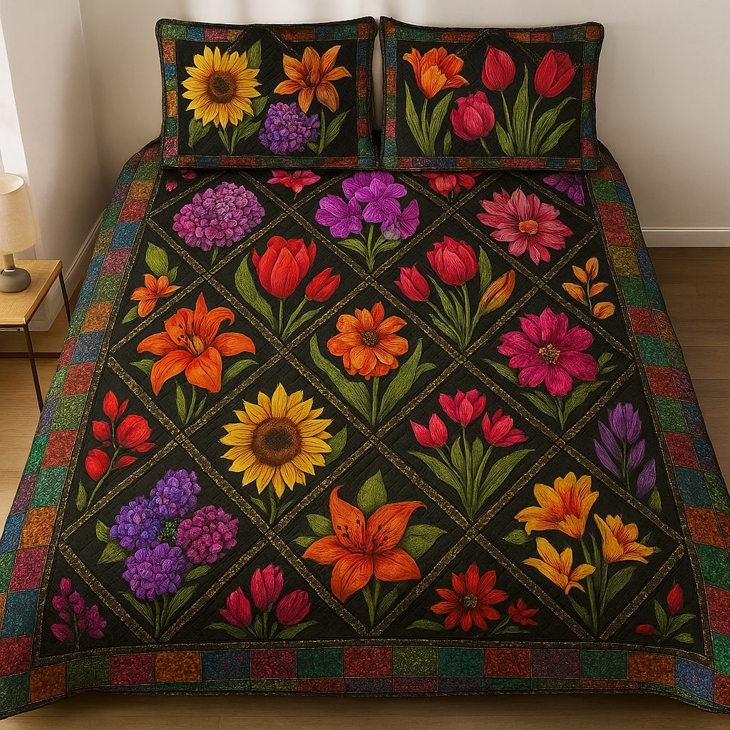 Spring Essence quilted 3-piece bedding set on a made bed with two matching pillow shams
