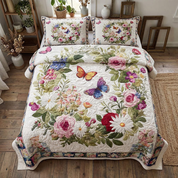 Spring Floral Escape quilted 3-piece bedding set on a made bed with two matching pillow shams