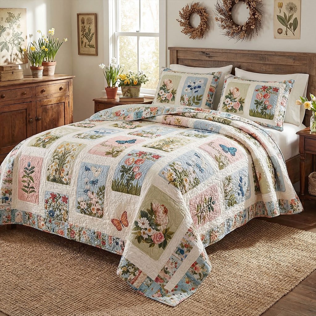 Spring Floral Haven quilted 3-piece bedding set on a made bed with two matching pillow shams
