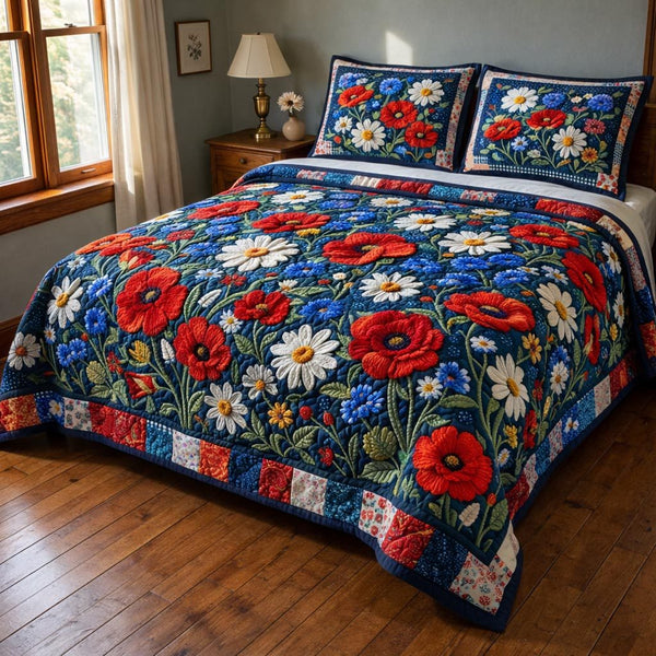 Spring Flowers quilted 3-piece bedding set on a made bed with two matching pillow shams