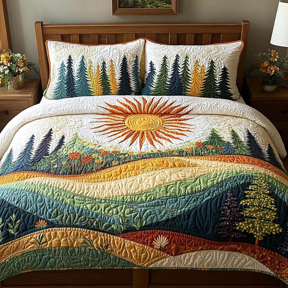 Spring Forest Retreat quilted 3-piece bedding set on a made bed with two matching pillow shams