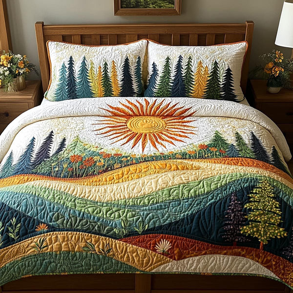 Spring Forest Retreat quilted 3-piece bedding set on a made bed with two matching pillow shams