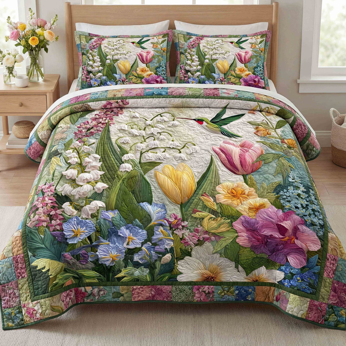 Spring Garden Bloom quilted 3-piece bedding set on a made bed with two matching pillow shams