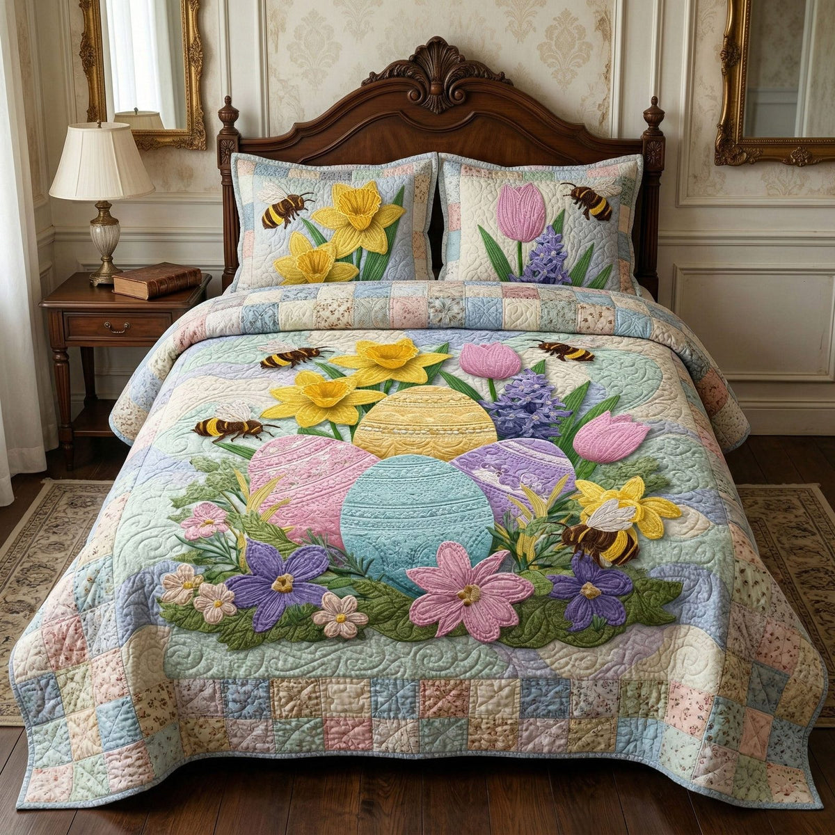 Spring Garden quilted 3-piece bedding set on a made bed with two matching pillow shams