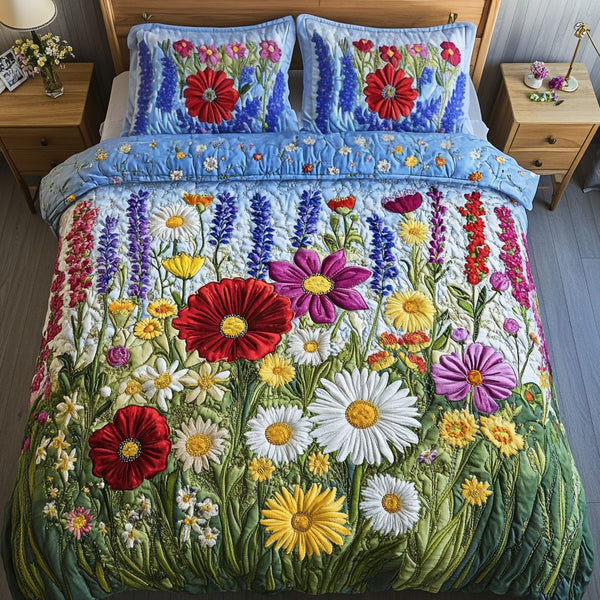 Spring Glory quilted 3-piece bedding set on a made bed with two matching pillow shams