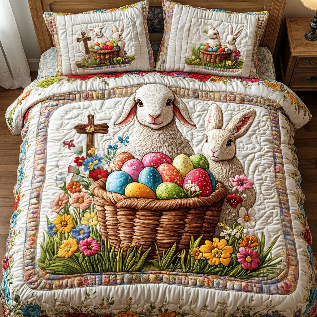 Spring Harmony quilted 3-piece bedding set on a made bed with two matching pillow shams