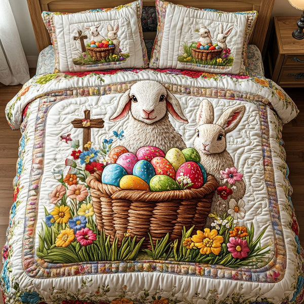 Spring Harmony quilted 3-piece bedding set on a made bed with two matching pillow shams