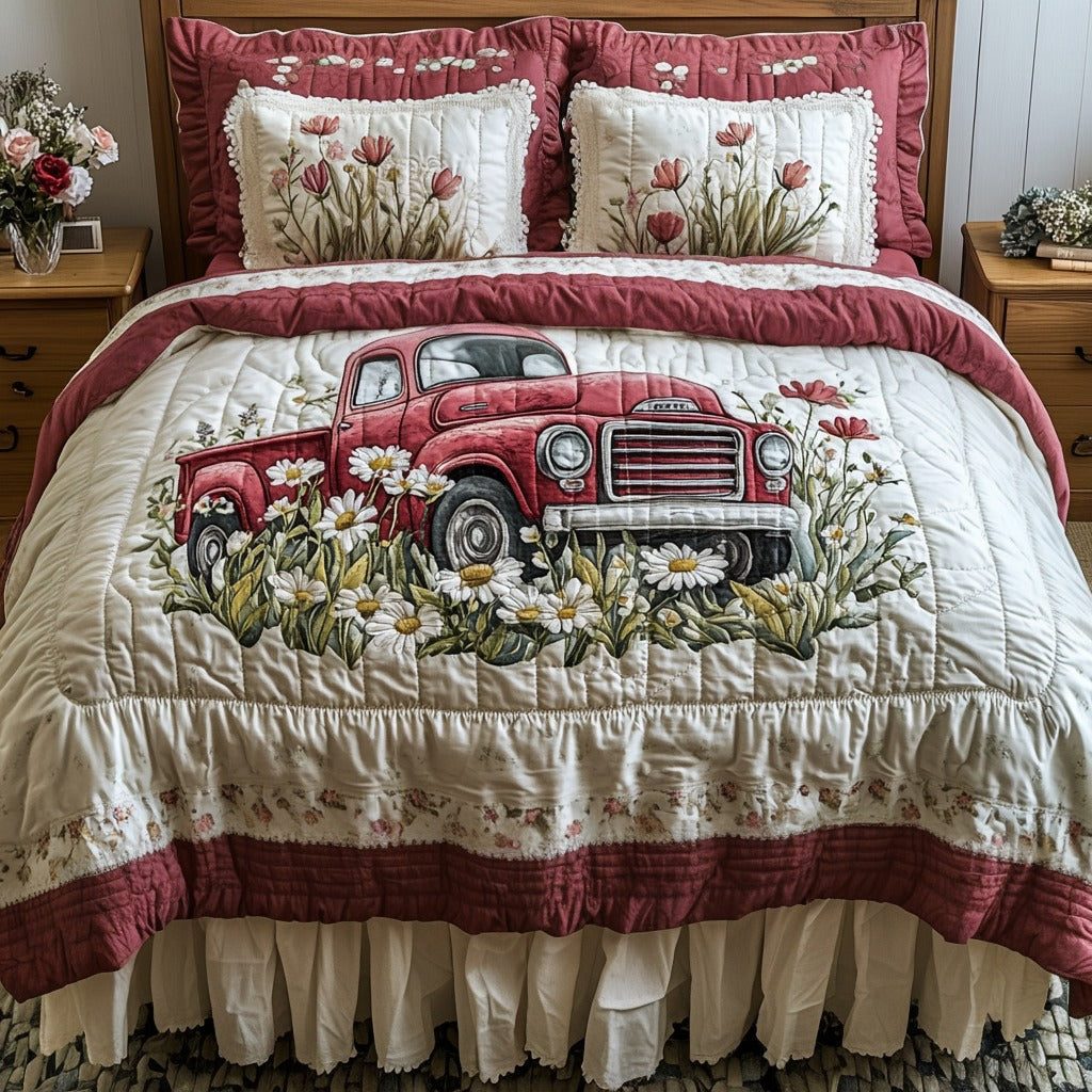 Spring Hauler quilted 3-piece bedding set on a made bed with two matching pillow shams